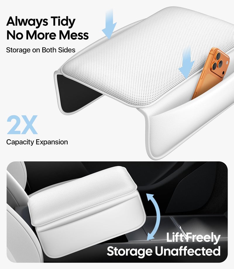Wigoo Tesla New Model Y Juniper & Model 3 Highland Center Console Cover, [Soft Support, Anti-Scratch] Nappa Leather Car Armrest Cover Cushion with 2 Storage Bags, Arm Rest Protector Accessories White - Image 4